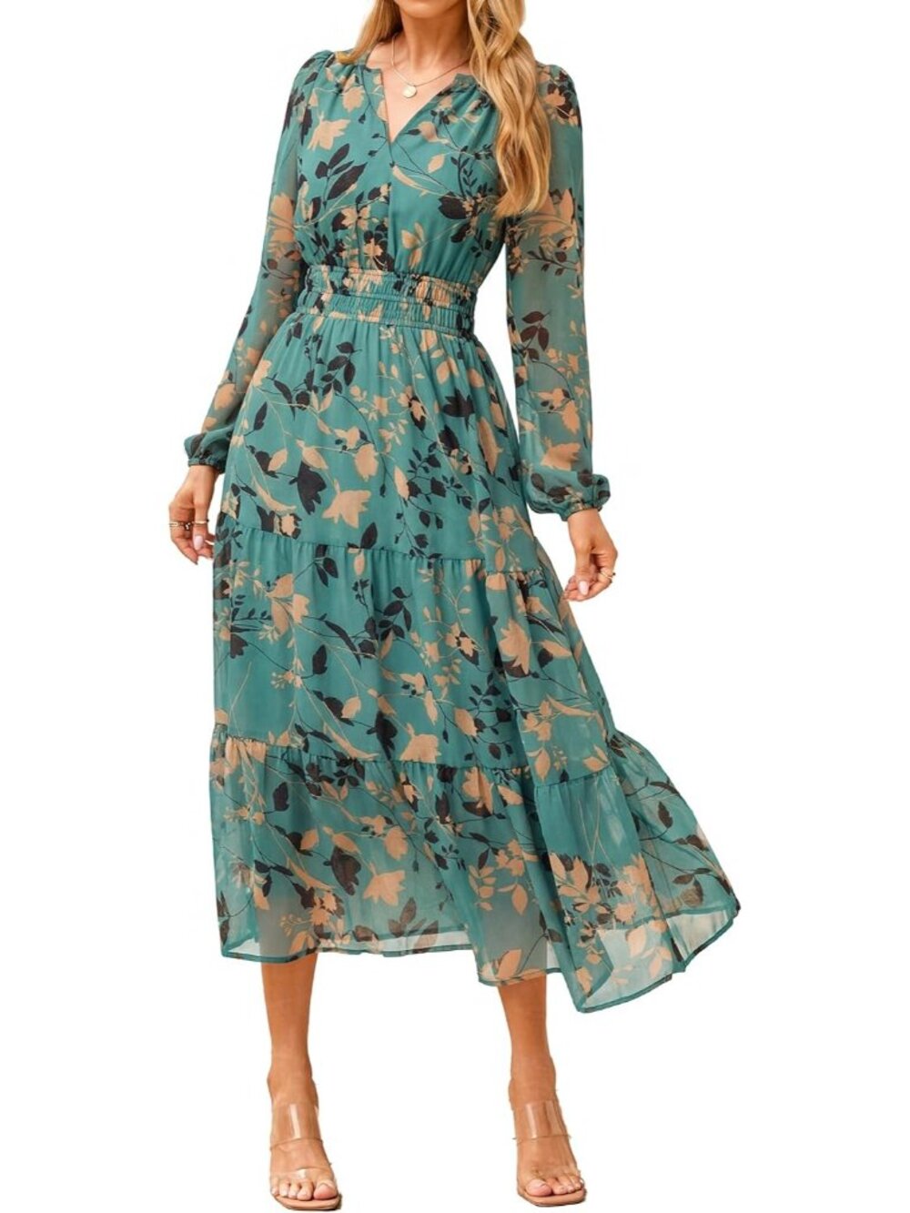 Women's Apricot Green Floral Boho V Neck Long Sleeve Wedding Guest Maxi Dresses